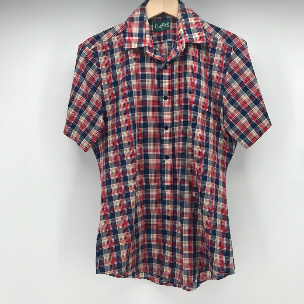 Sears Classics Shirt Womens Small Blue Red Plaid Short Sleeve Rockabilly Retro